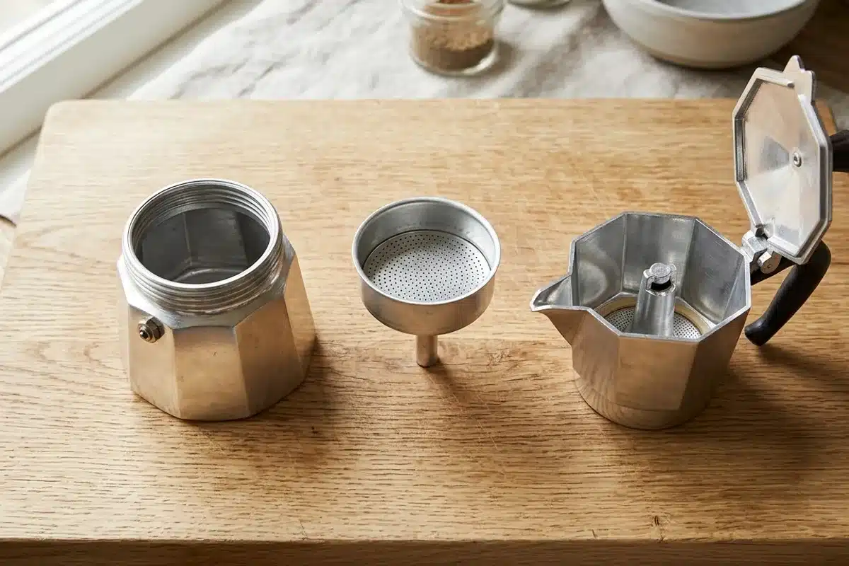 Les trois parties d'une cafetière italienne démontée Les trois pièces démontées d'une cafetière italienne : réservoir bas, panier filtre et corps supérieur