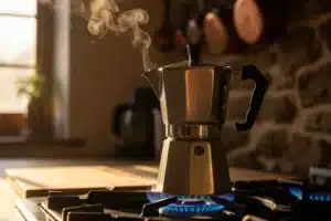 Cafetière italienne moka posée sur un brûleur à gaz, vapeur s'échappant du bec verseur