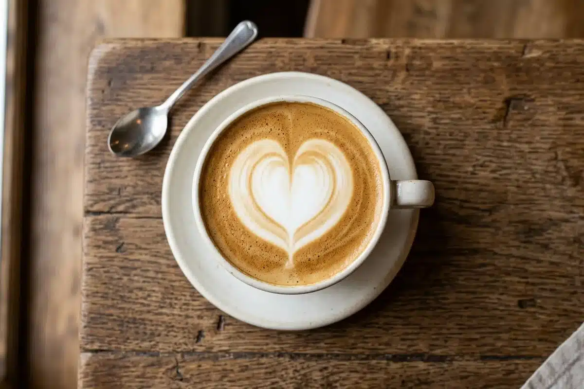 Cappuccino avec un latte art en cœur Cappuccino vu de dessus, mousse de lait dessinant un cœur, cuillère posée à côté