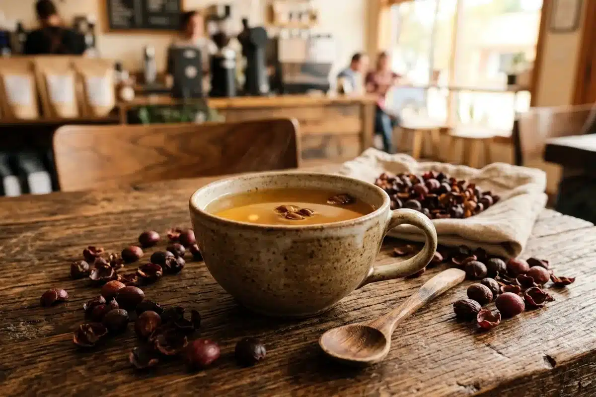 Cascara, infusion de cerises de café séchées Tasse de cascara doré, infusion préparée à partir de pulpe séchée de cerises de café