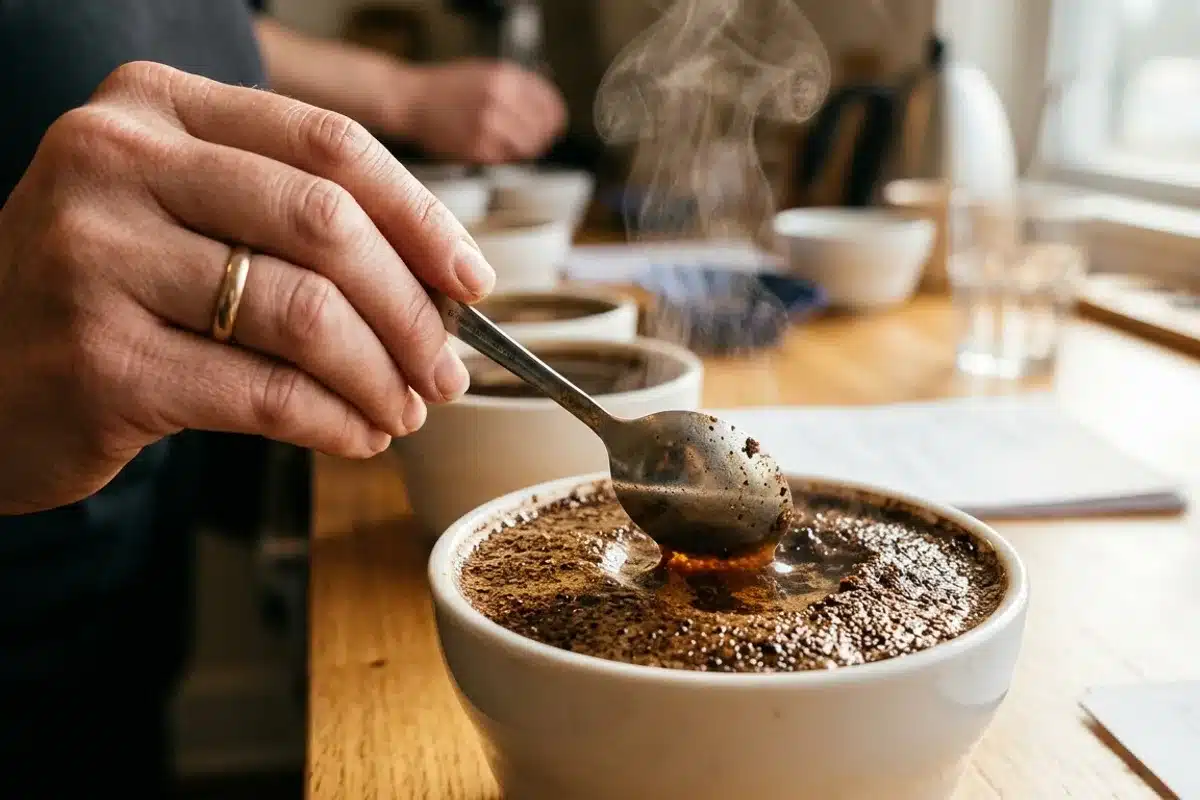 Casser la croûte pendant la dégustation Main cassant à la cuillère la croûte de café à la surface d’un bol de cupping