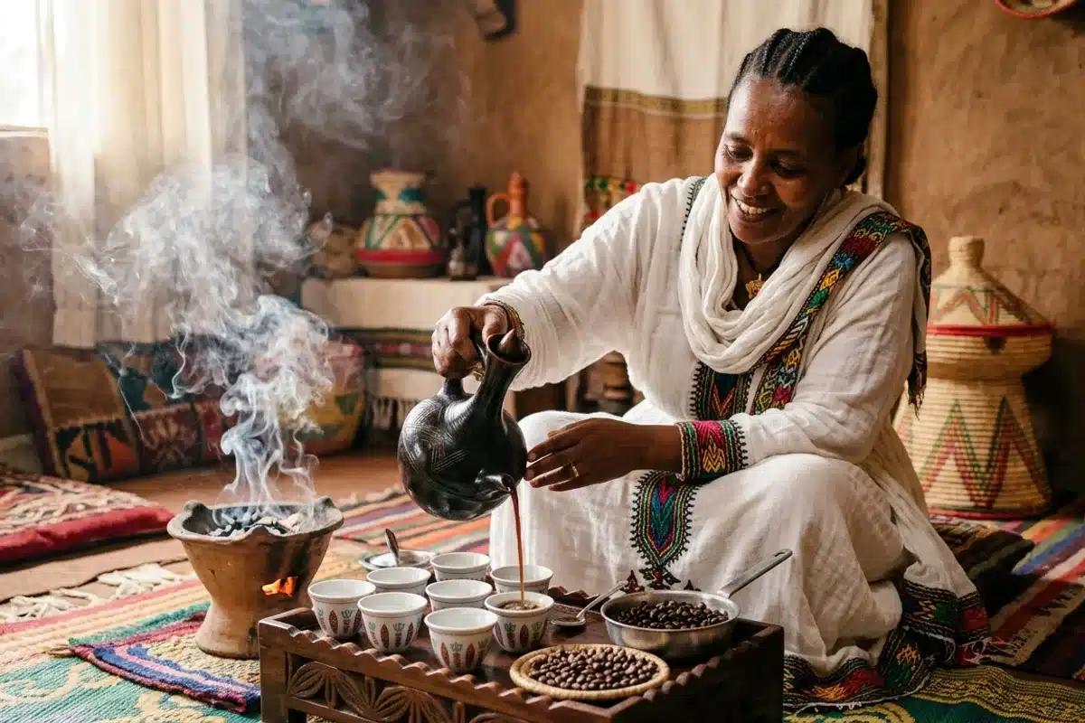 Cérémonie traditionnelle du café éthiopien Femme versant du café depuis un jebena en argile lors d'une cérémonie traditionnelle éthiopienne