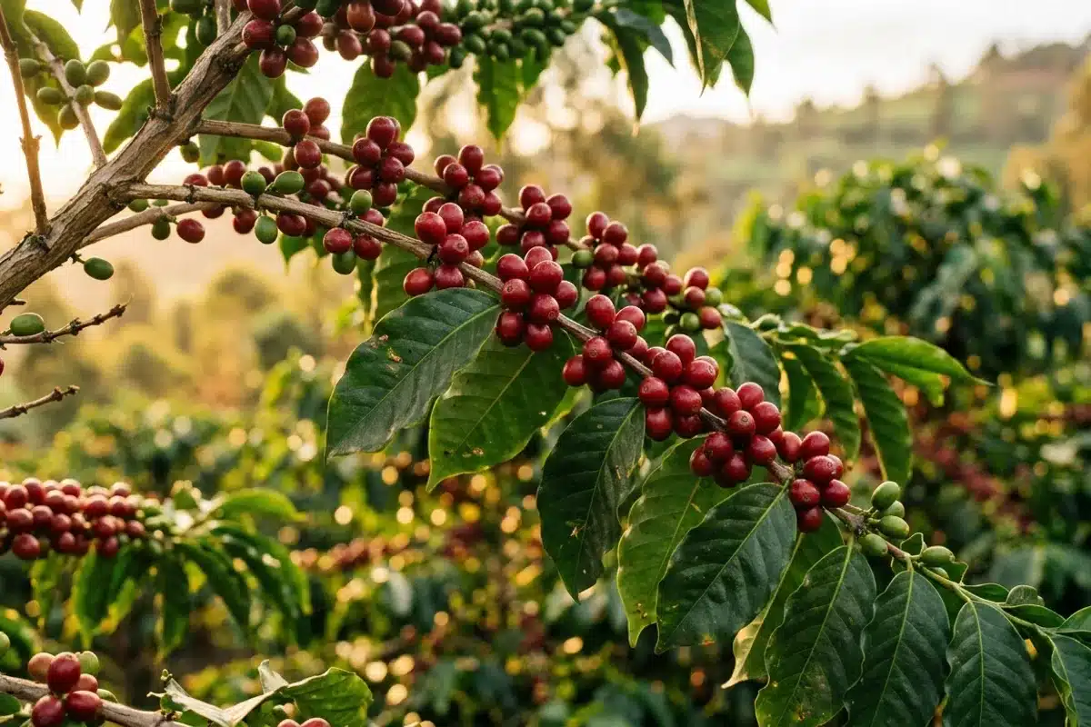Cerises de café arabica mûres sur caféier Grappes de cerises de café rouges mûres sur un rameau de caféier aux feuilles vert vif