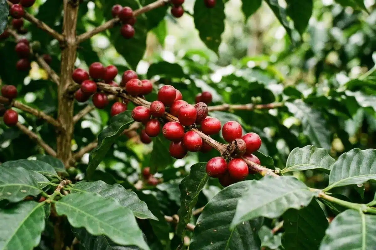Cerises de café mûres, expression du terroir Gros plan de cerises de café rouges mûres sur la branche d'un caféier