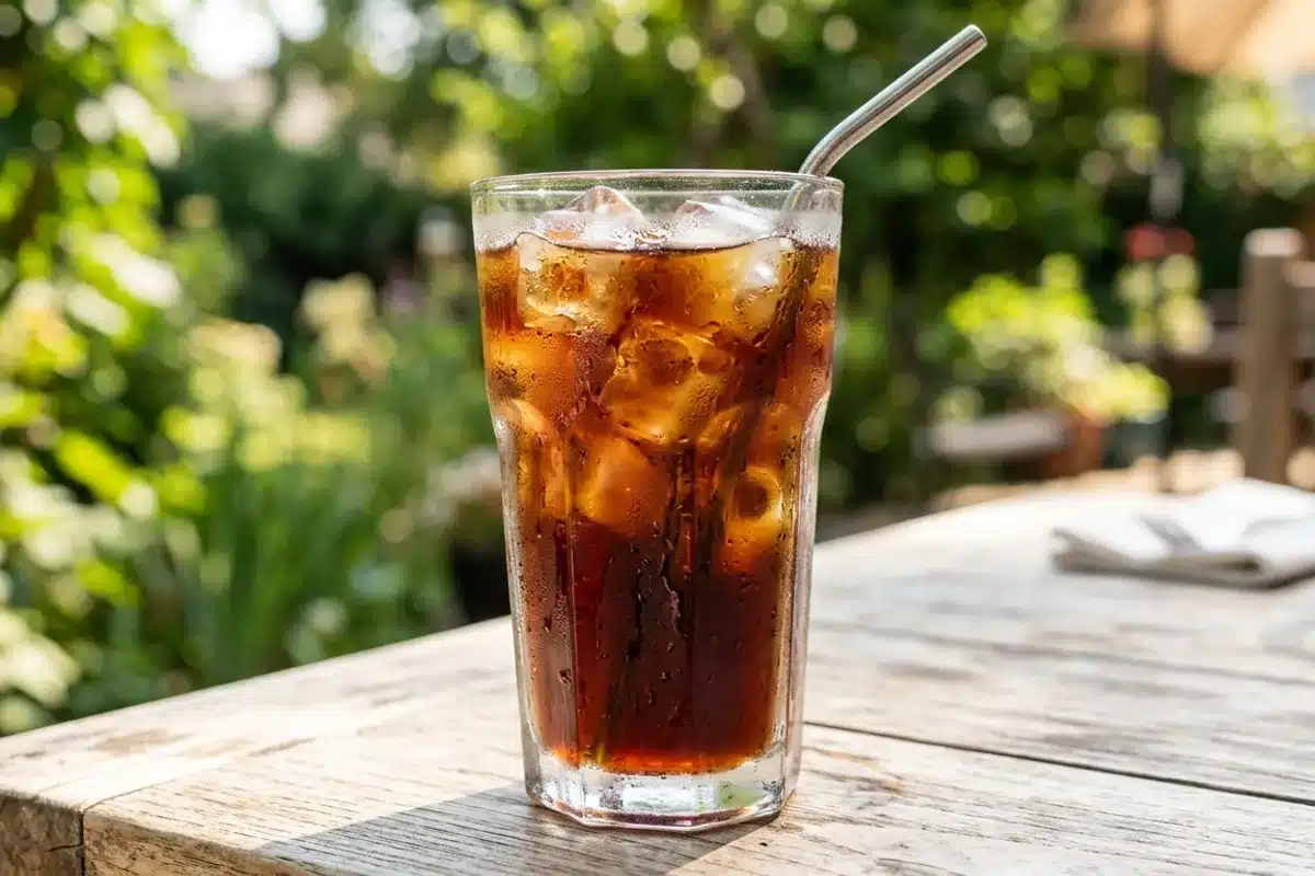 Cold brew servi glacé avec des glaçons Grand verre de cold brew avec des glaçons et une paille, sur une table en extérieur
