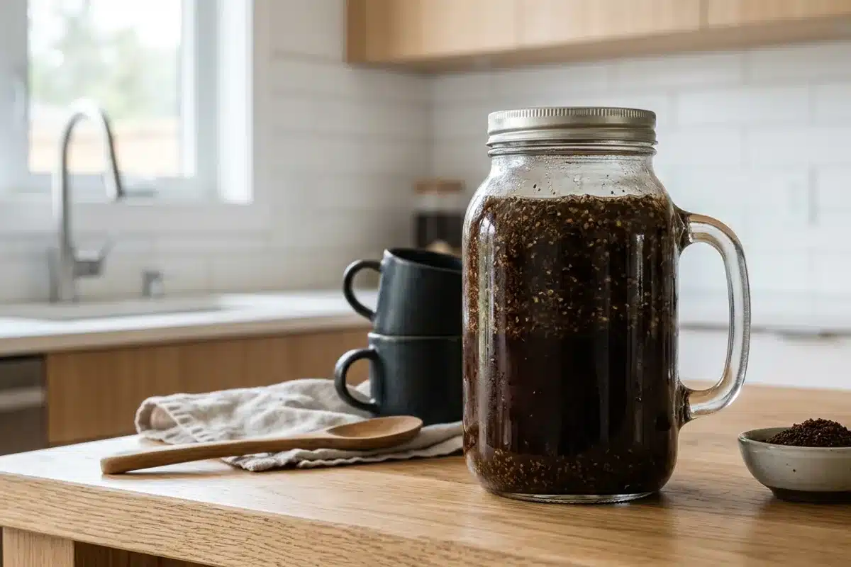 Cold brew en infusion : café à froid maison Bocal de cold brew en cours d'infusion avec café moulu visible, cuisine moderne