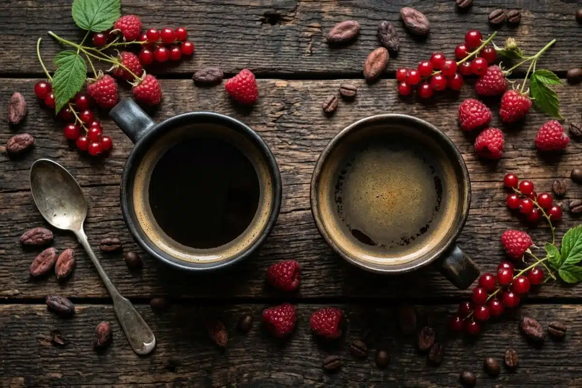 Comparer deux cafés à la dégustation Deux tasses de café vues de dessus entourées de fruits rouges et de fèves de cacao