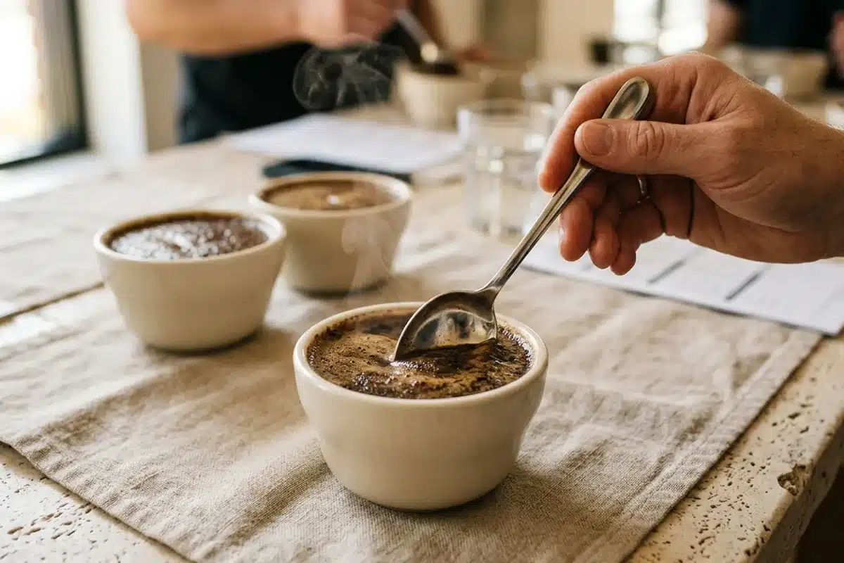 Dégustation de café en cupping à la cuillère Main cassant à la cuillère la croûte d'un bol de café lors d'une séance de cupping