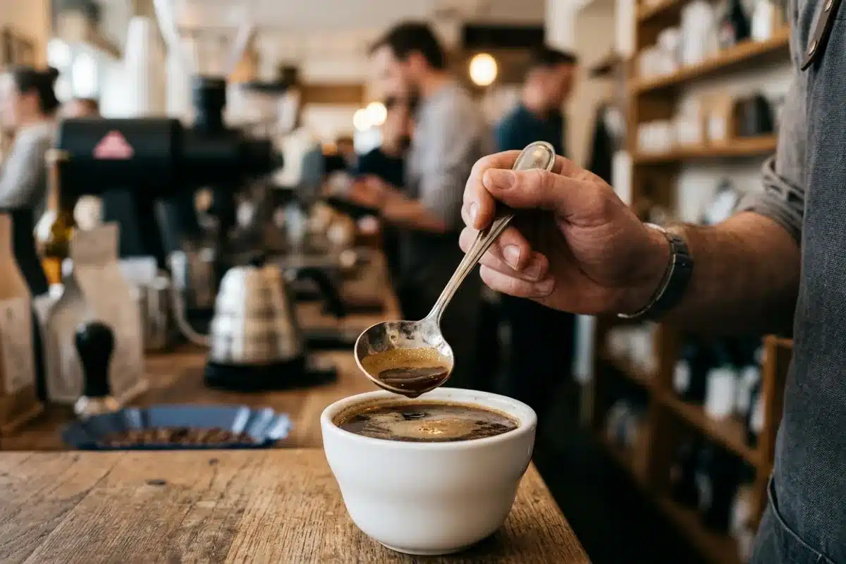 Cuillère de cupping pour dégustation café de spécialité Cuillère de cupping en métal tenue au-dessus d'un bol de dégustation de café dans un café de spécialité