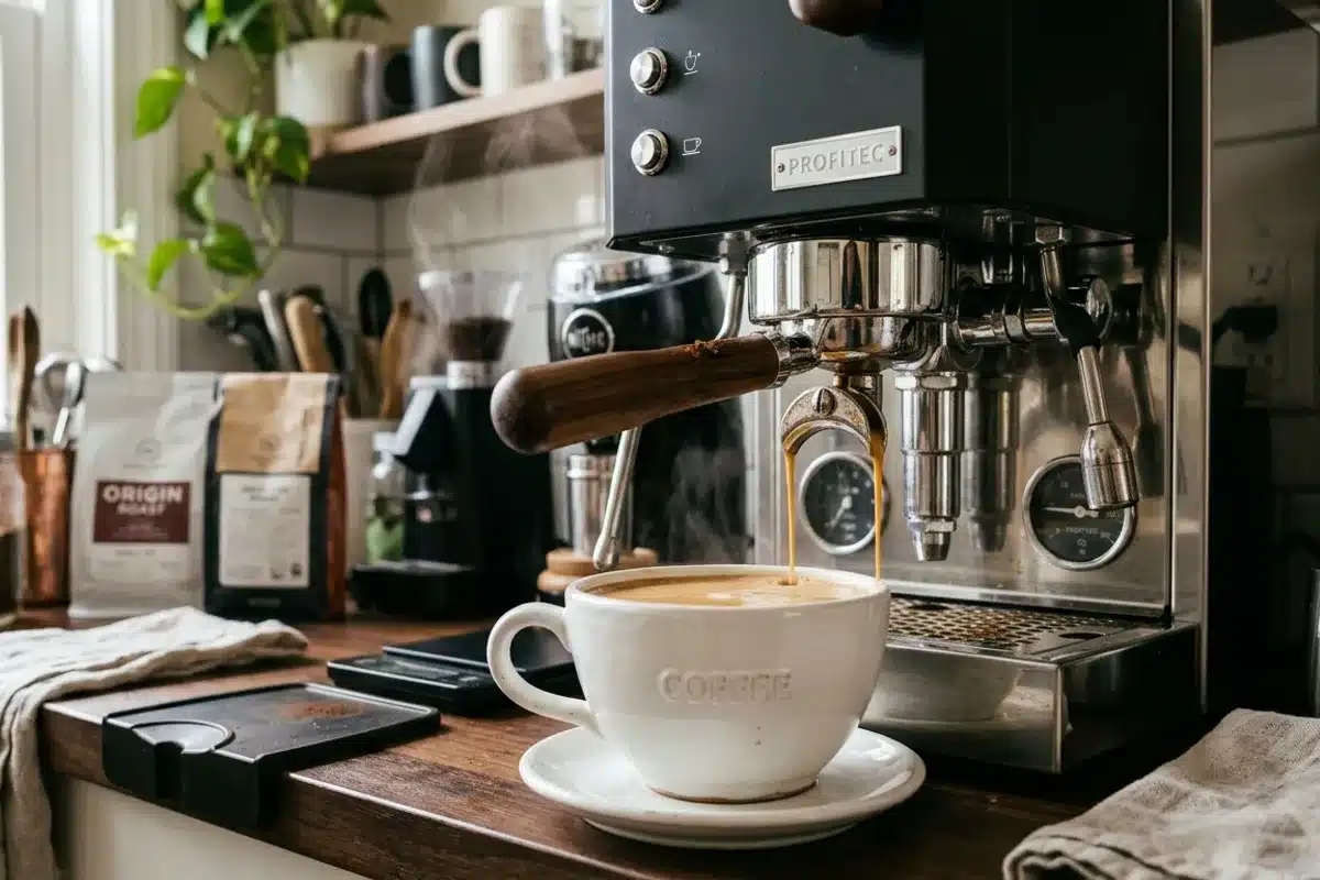 Extraction d'un café allongé sur machine espresso domestique Machine espresso avec jet de café doré s'écoulant dans une grande tasse blanche