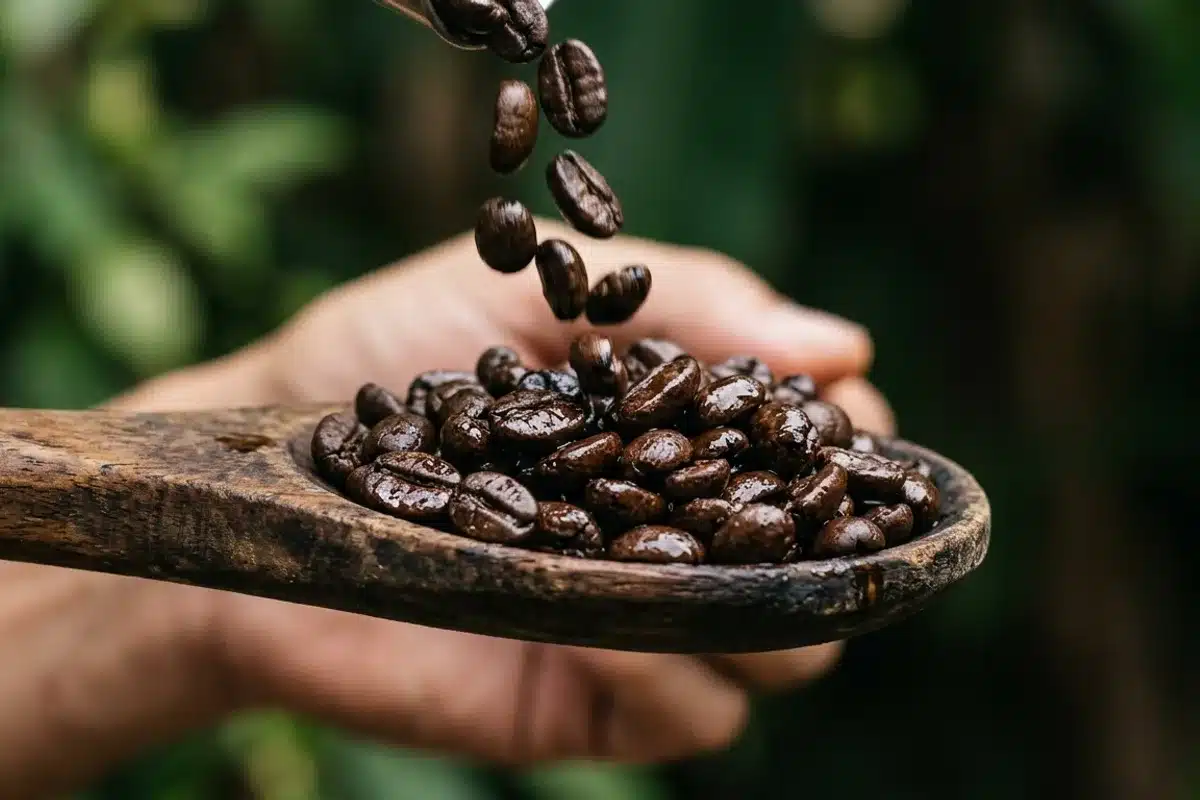 Grains de café torréfiés riches en antioxydants Grains de café torréfiés versés dans une cuillère en bois, source de caféine et d'antioxydants