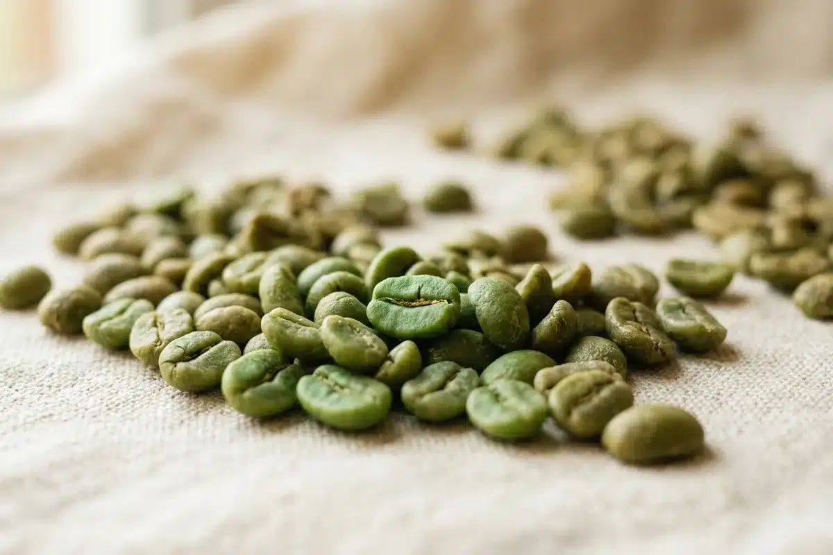 grains de café vert de qualité étalés sur un tissu crème, sélectionnés pour évaluation SCA