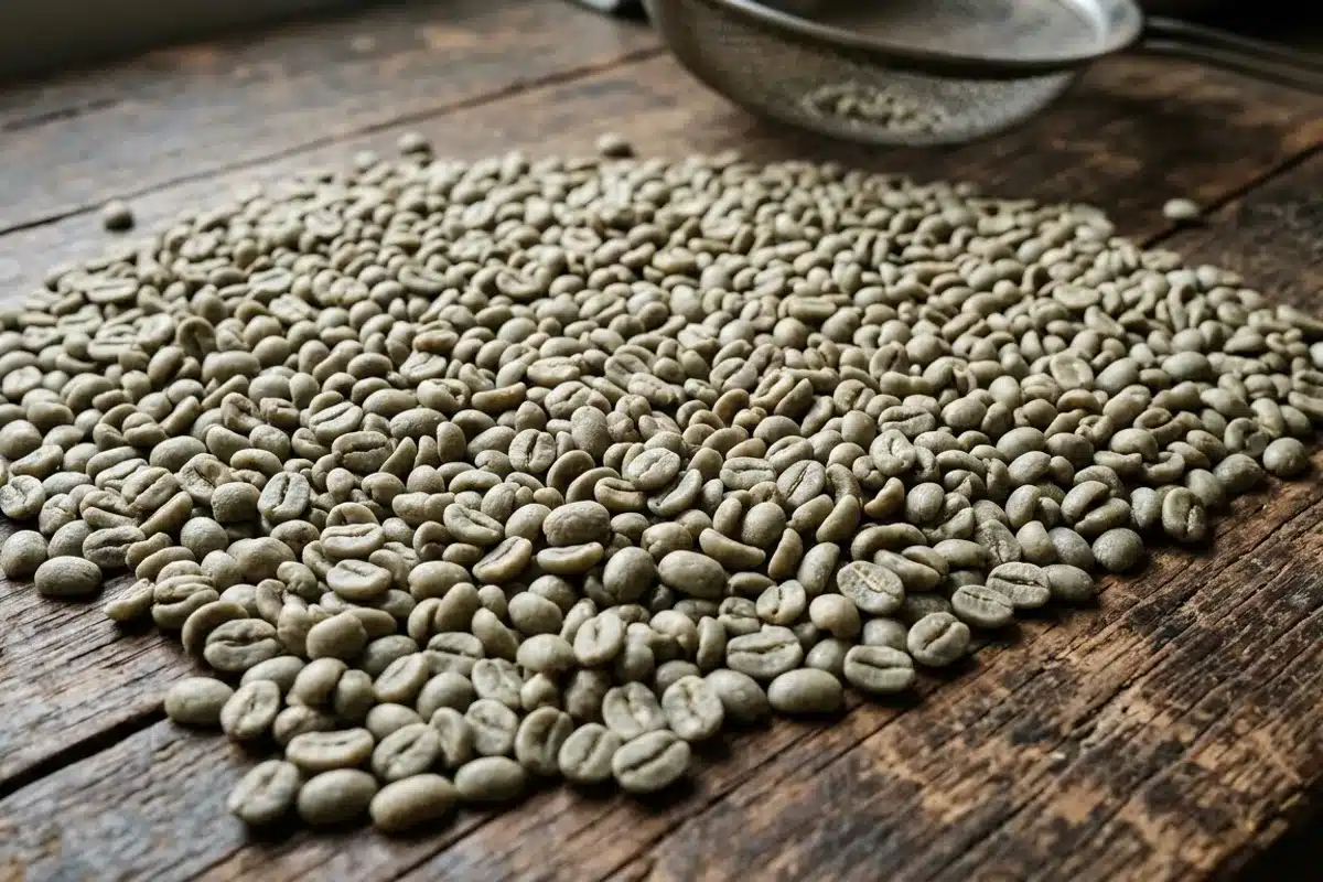Grains de café vert : grades Supremo et Excelso Grains de café vert non torréfiés triés, illustrant les grades Supremo et Excelso