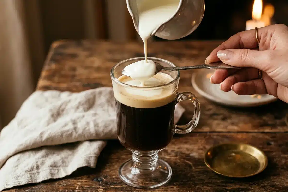 Technique floatage crème irish coffee Main versant de la crème sur une cuillère retournée pour faire flotter la crème sur l'irish coffee