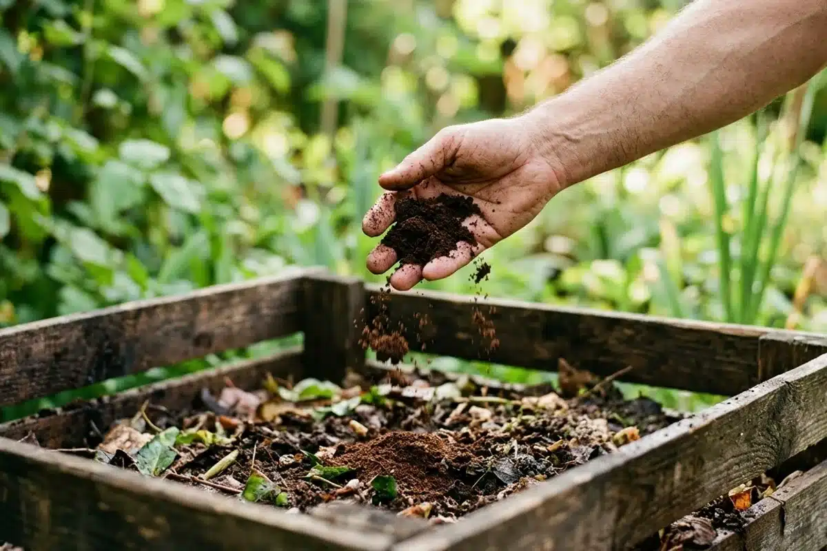 Marc de café versé dans un composteur en bois, gros plan Main ajoutant une poignée de marc de café dans un composteur en bois, plan rapproché, fond jardin