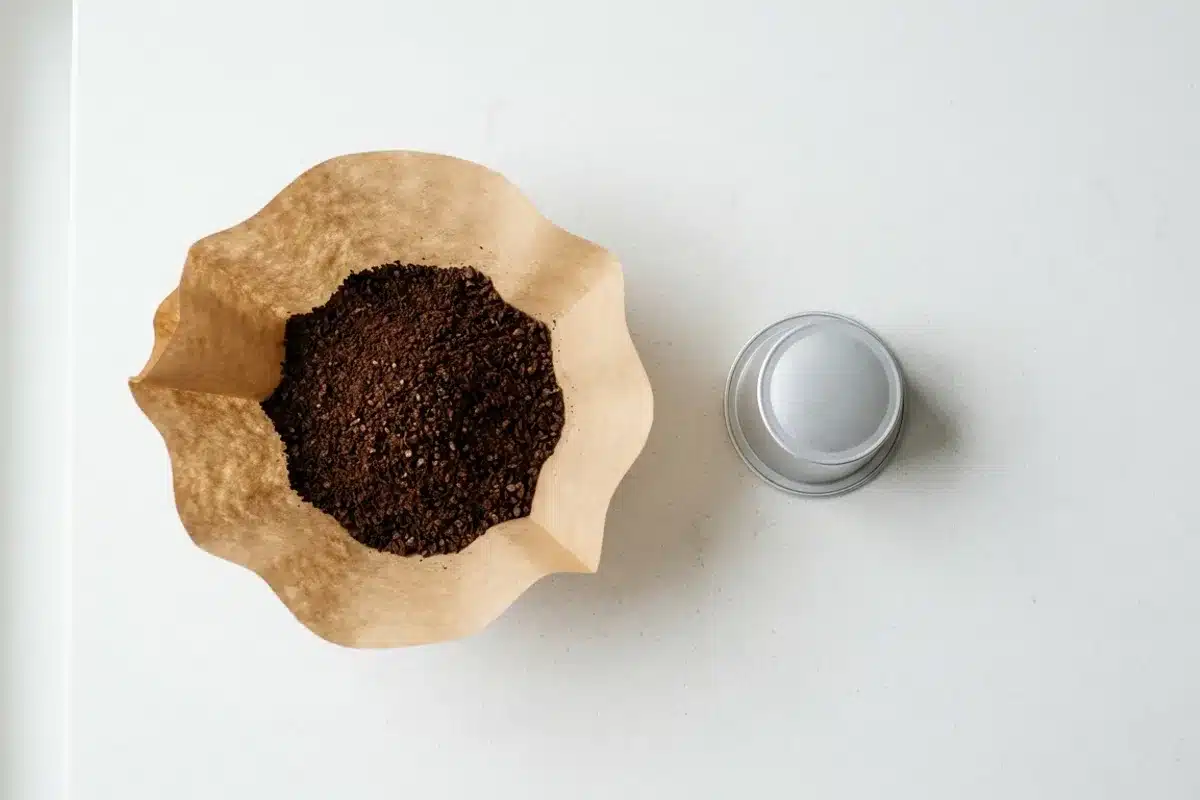 Filtre papier café compostable et capsule aluminium côte à côte Filtre en papier brun ouvert avec marc et capsule aluminium fermée sur plan de travail blanc, vue de dessus
