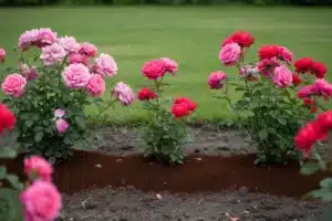 Marc de café au jardin : rosiers roses et rouges en fleurs, sol sombre au pied des tiges, gazon vert en arrière-plan