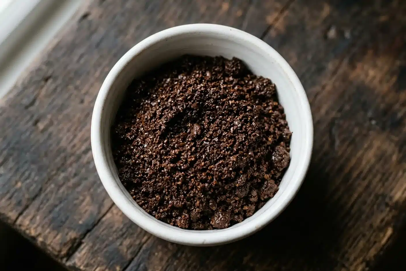 Marc de café frais dans un bol pour soin capillaire Bol de marc de café frais pour gommage capillaire naturel