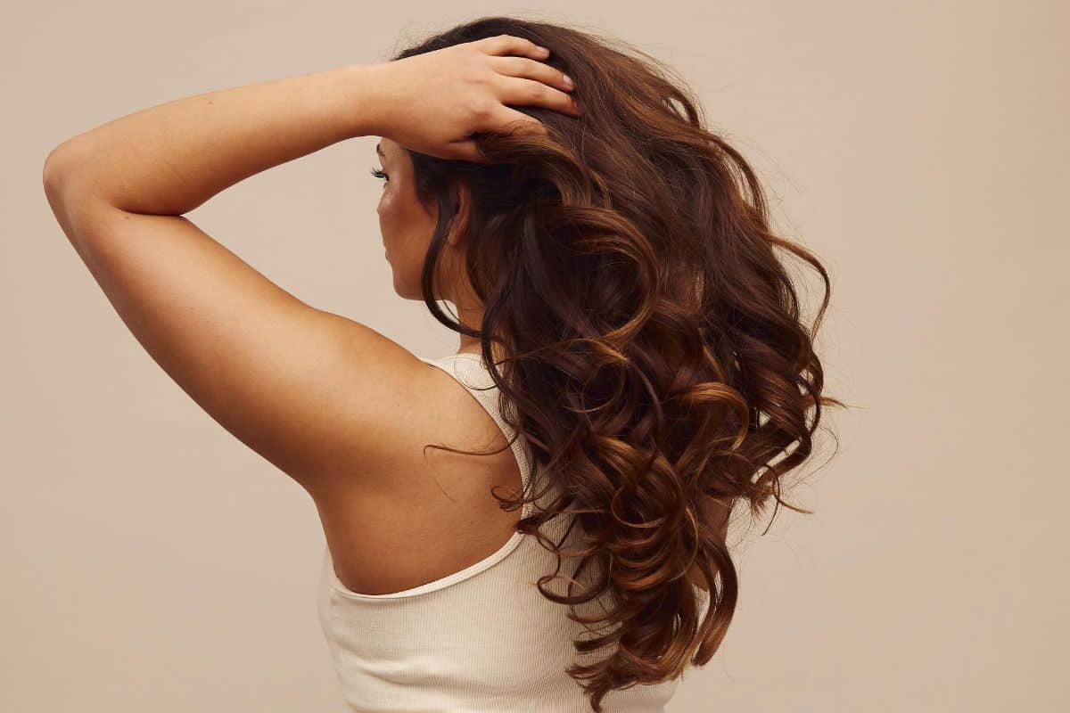 Cheveux bruns bouclés et brillants après un soin au marc de café Femme de dos aux longs cheveux bruns bouclés et brillants, résultat d'un soin capillaire au marc de café