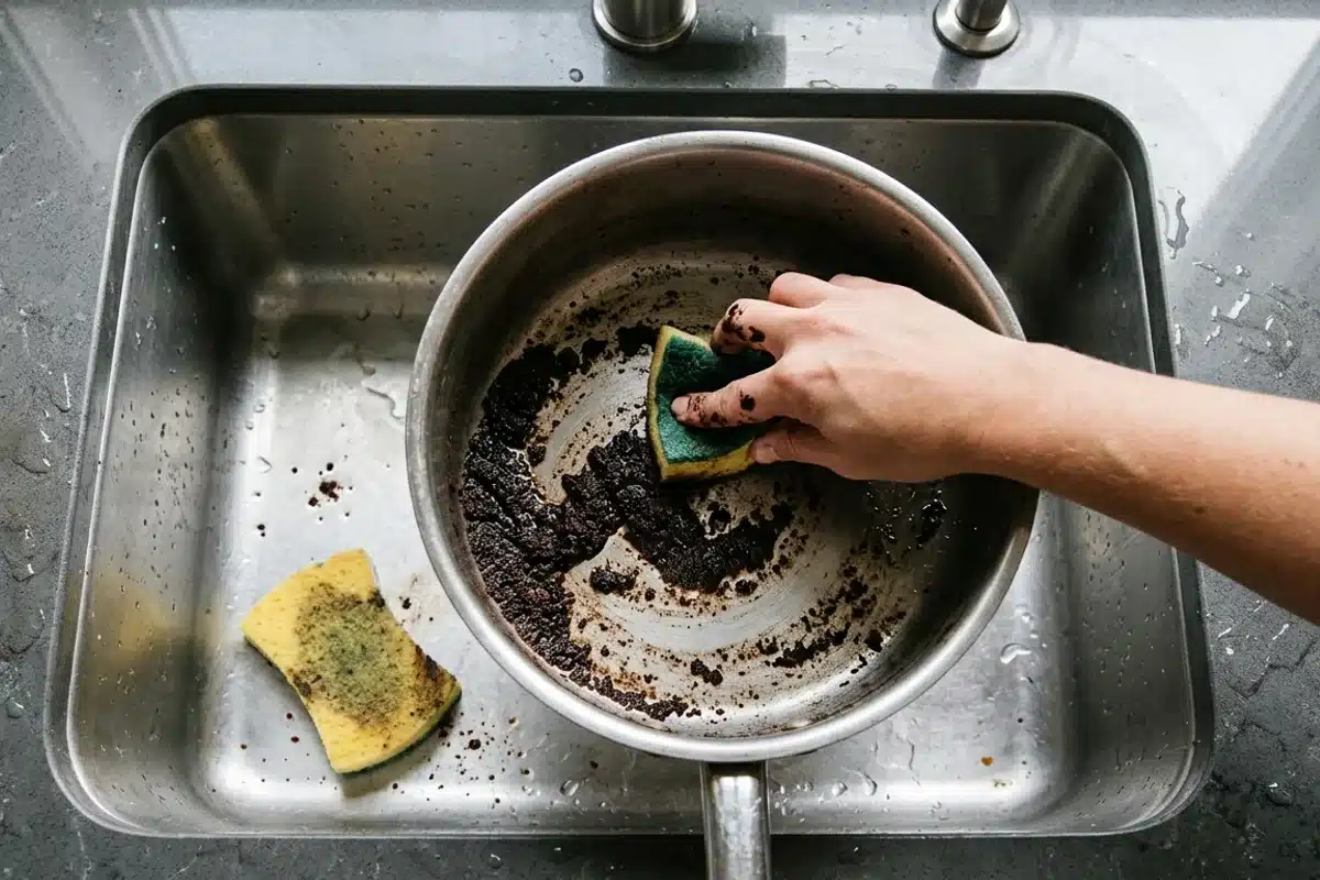Marc de café pour récurer une casserole Casserole en inox récurée au marc de café avec une éponge dans un évier, vue de dessus