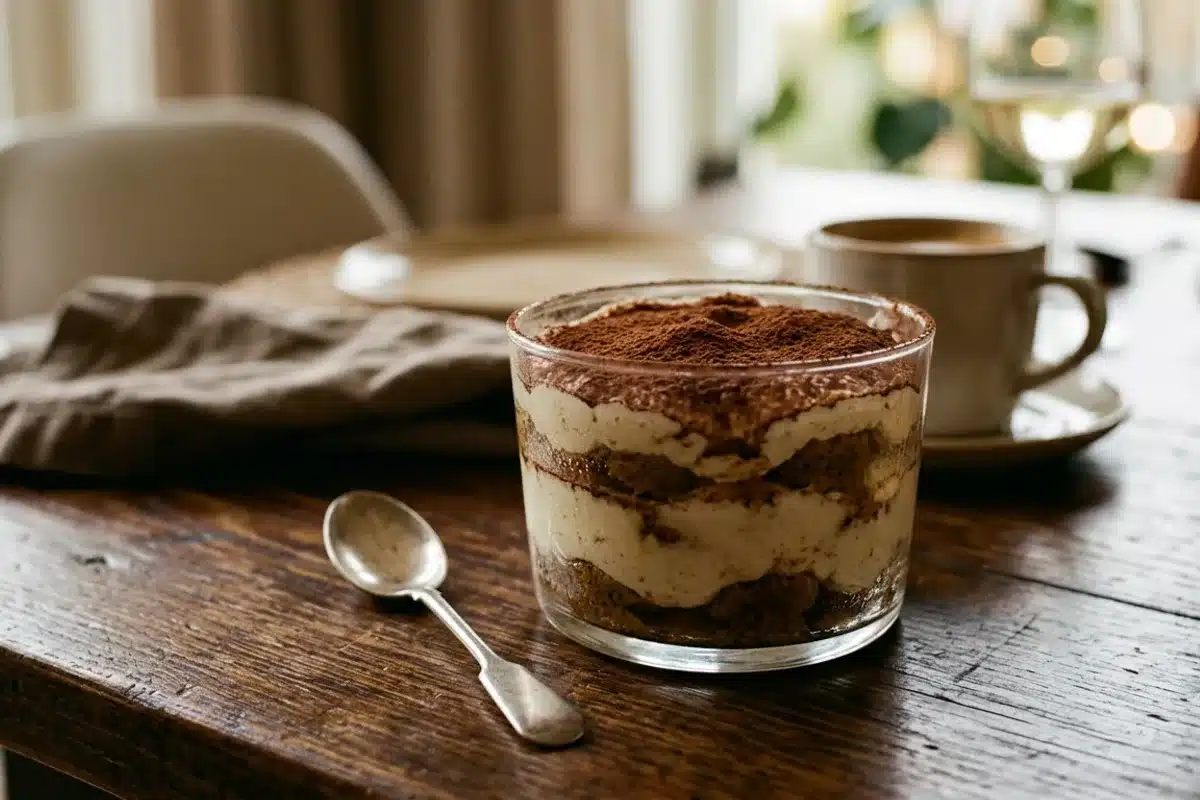 Tiramisu maison au café Tiramisu maison saupoudré de café dans une verrine sur une table en bois foncé
