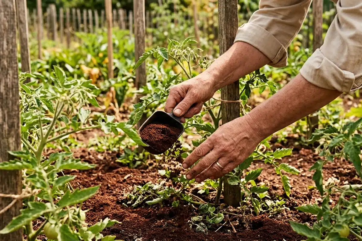 Épandage de marc de café au pied de plants de potager Mains versant du marc de café au pied de plants dans un potager ensoleillé, tuteurs en bois et feuilles vertes visibles