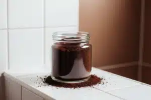 Pot de verre avec gommage au marc de café, salle de bains blanche en arrière-plan