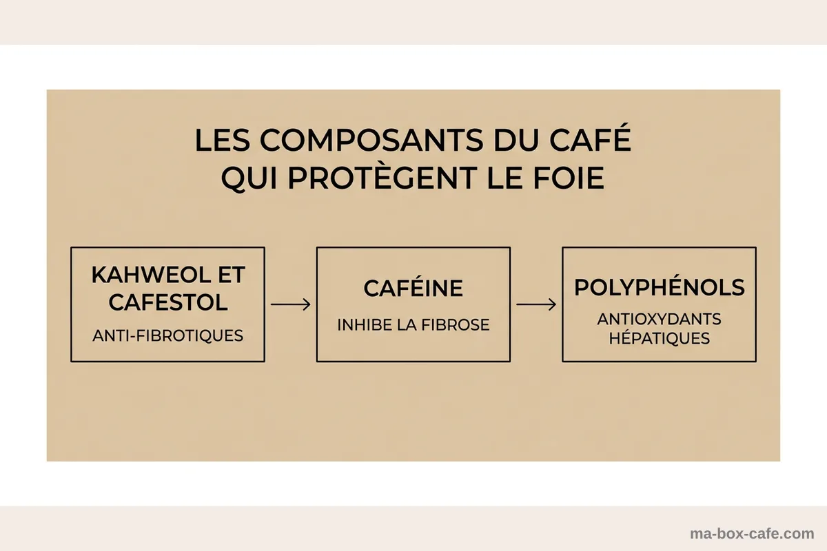Mécanismes de protection du café sur le foie Infographie des trois composants du café qui protègent le foie : kahwéol-cafestol, caféine et polyphénols