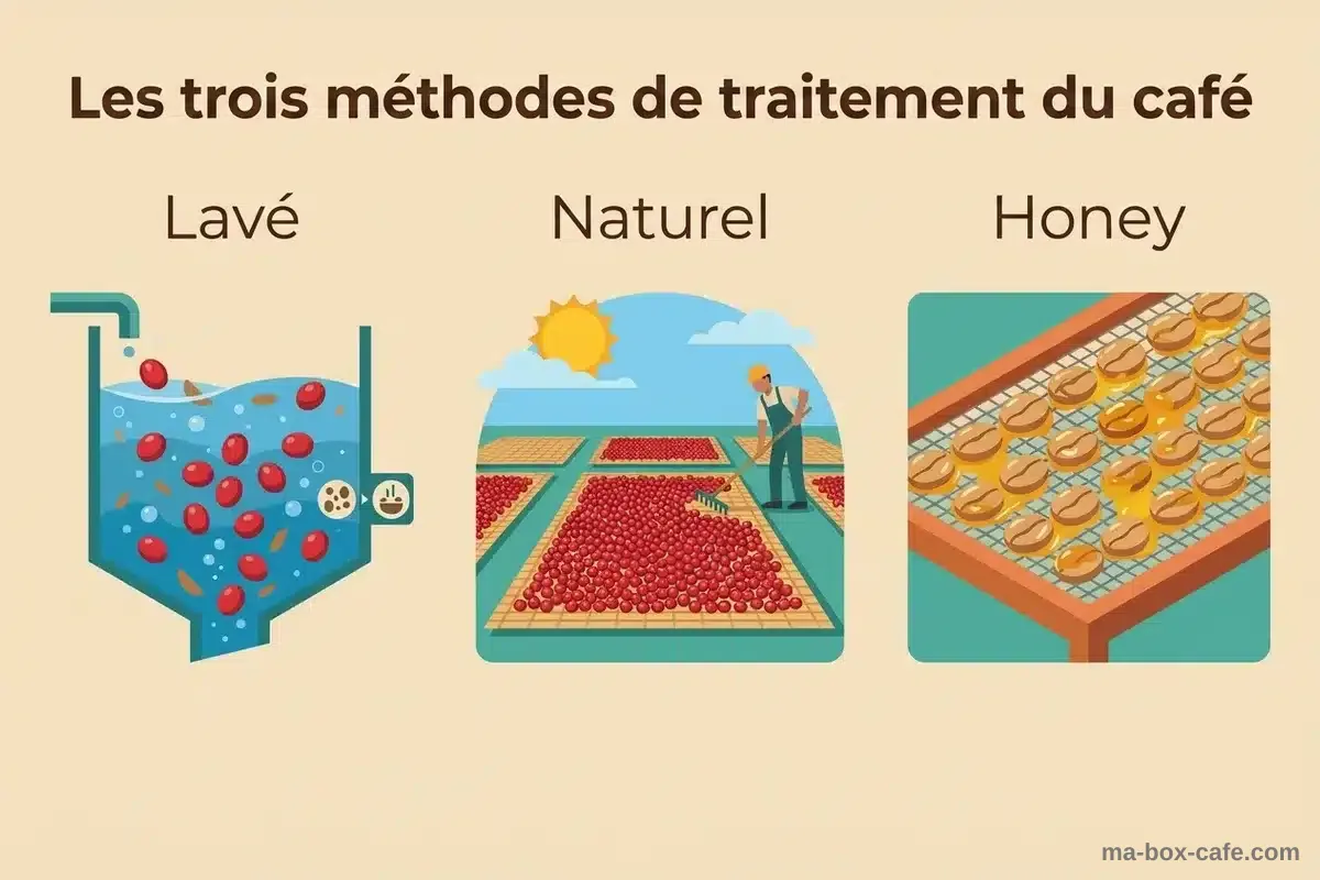 Méthodes de traitement du café : lavé, naturel, honey Infographie comparant les trois méthodes de traitement du café : lavé, naturel et honey