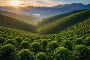 Plantation de café en terroir d'altitude au lever du jour, illustrant les origines du café