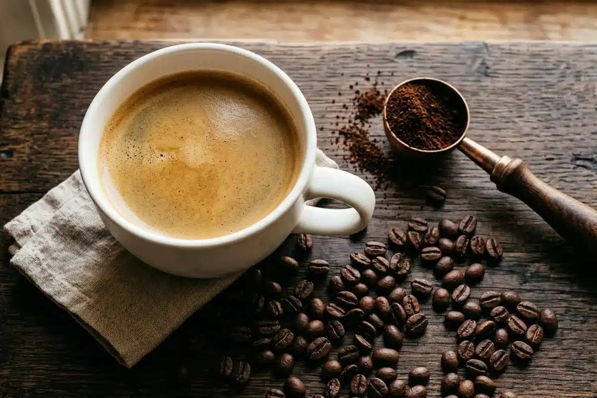 Vue du dessus d'un café allongé avec doseur et grains de café Vue en plongée d'une tasse de café allongé avec doseur et grains sur bois