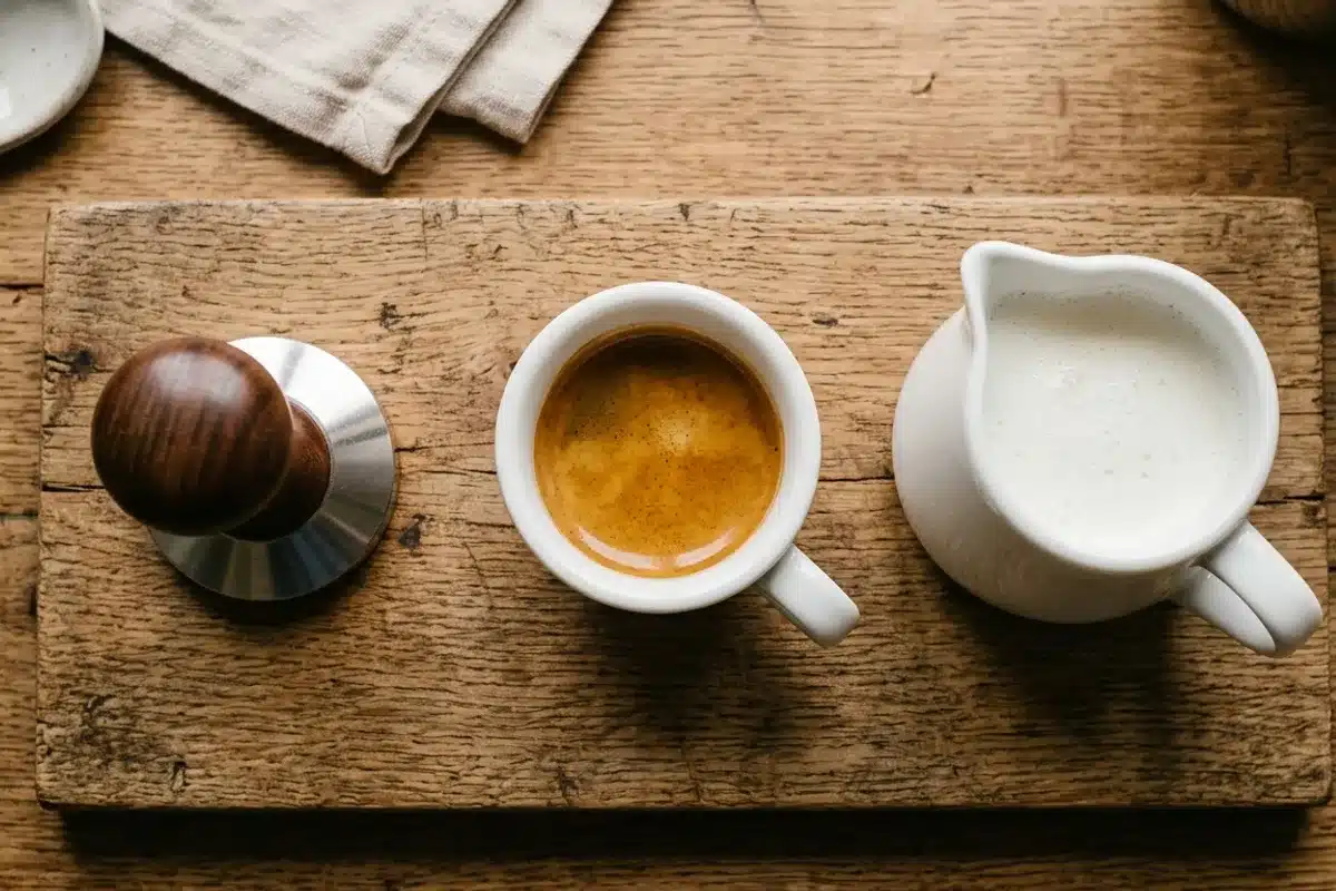 Préparation d'un café noisette vue de dessus Vue de dessus de la préparation d'un café noisette : tasse espresso, pichet de lait et tamper sur plateau en bois
