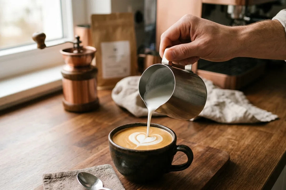 Versage de la micro-mousse de lait dans un espresso pour réaliser un latte art