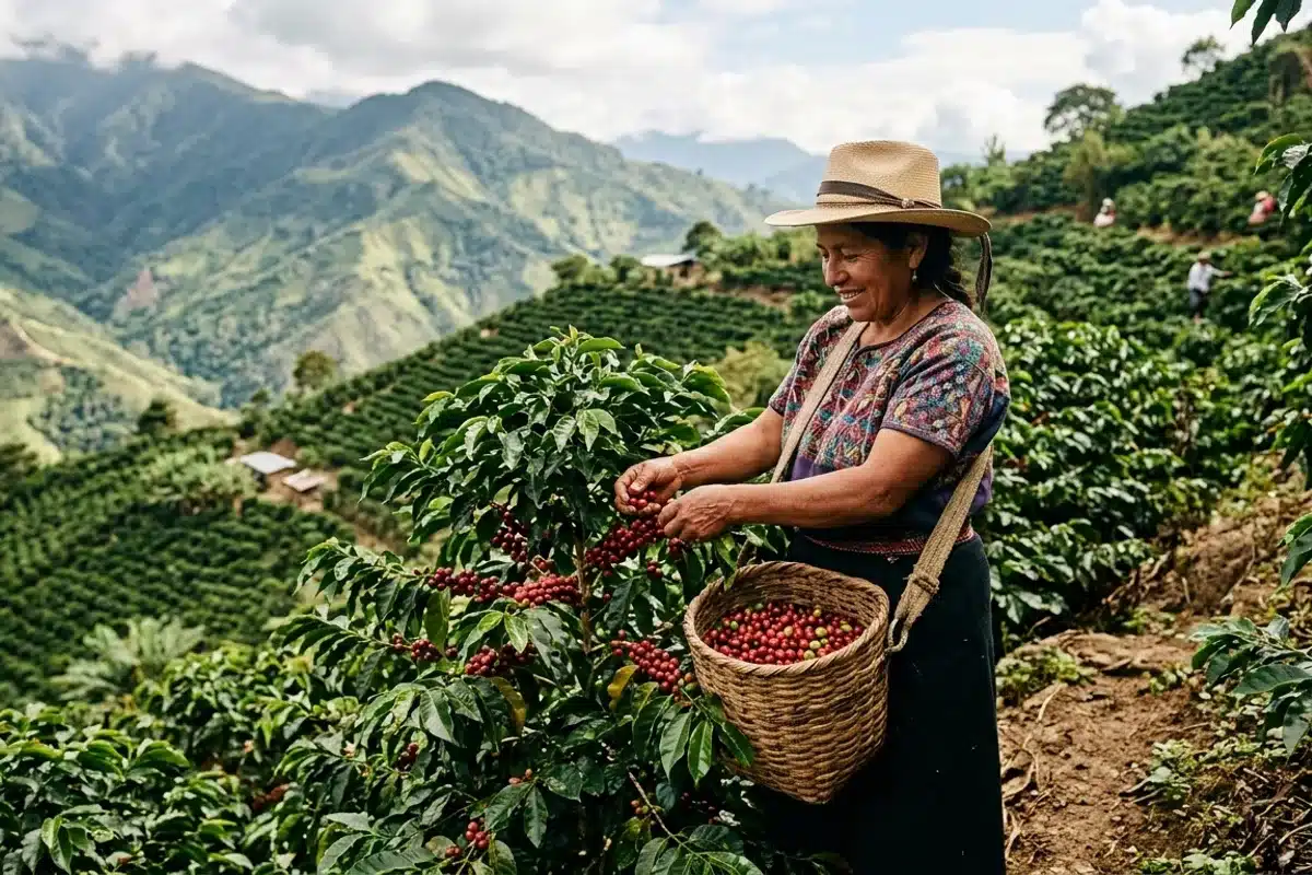 Récolte du café de Colombie à la main Cueilleuse récoltant des cerises de café mûres à la main dans une plantation andine de Colombie