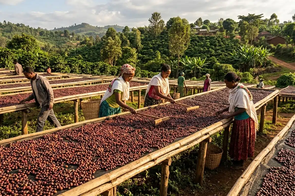 Séchage naturel des cerises de café en Éthiopie Cerises de café éthiopiennes séchant sur tables surélevées, traitement naturel traditionnel