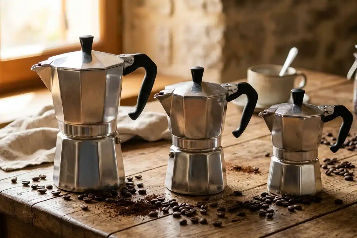 Sélection de cafetières italiennes induction en inox Trois cafetières italiennes en inox de différentes tailles alignées sur une surface en bois