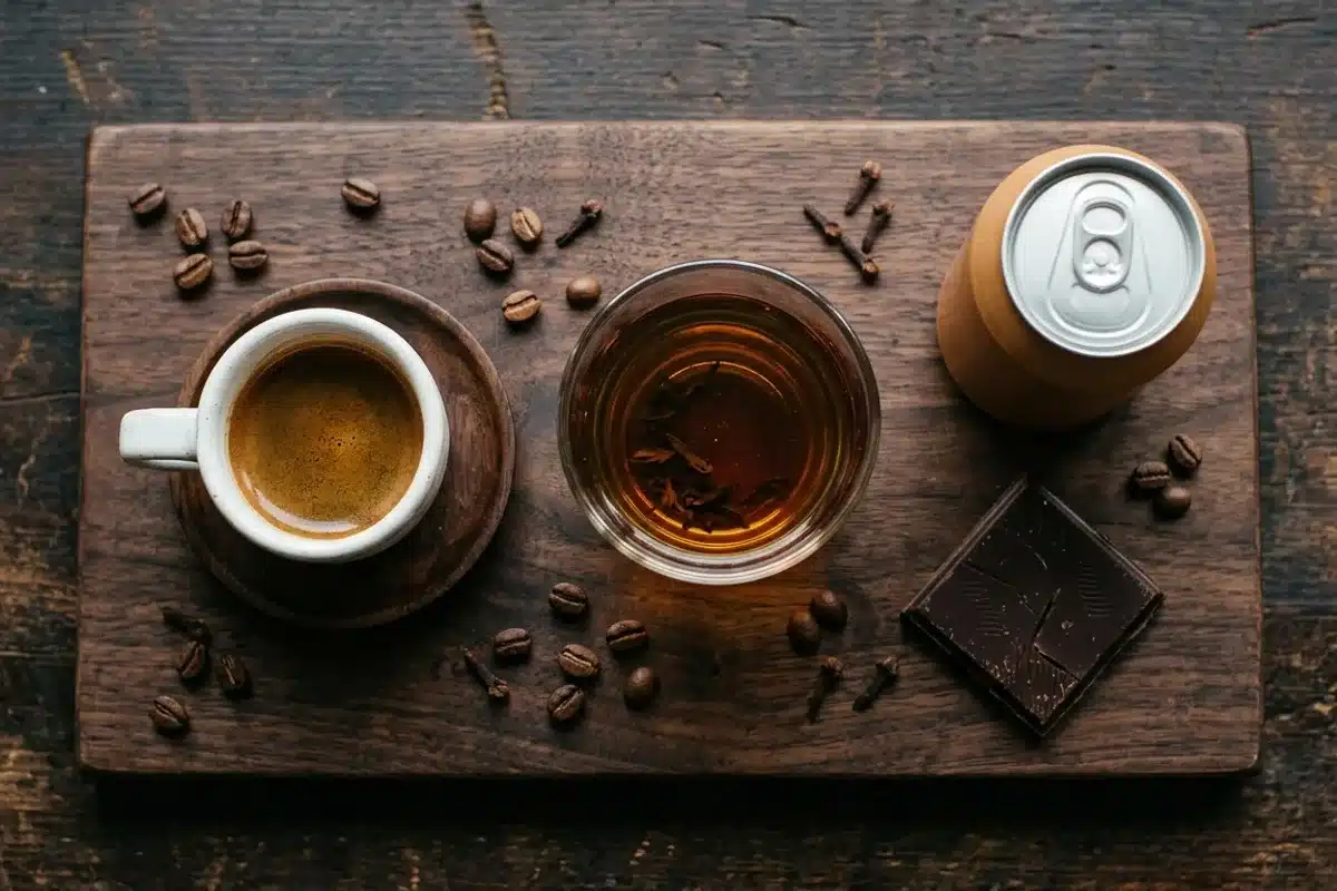 Sources de caféine au quotidien Vue de dessus plateau bois avec espresso, thé, canette et chocolat noir, sources de caféine