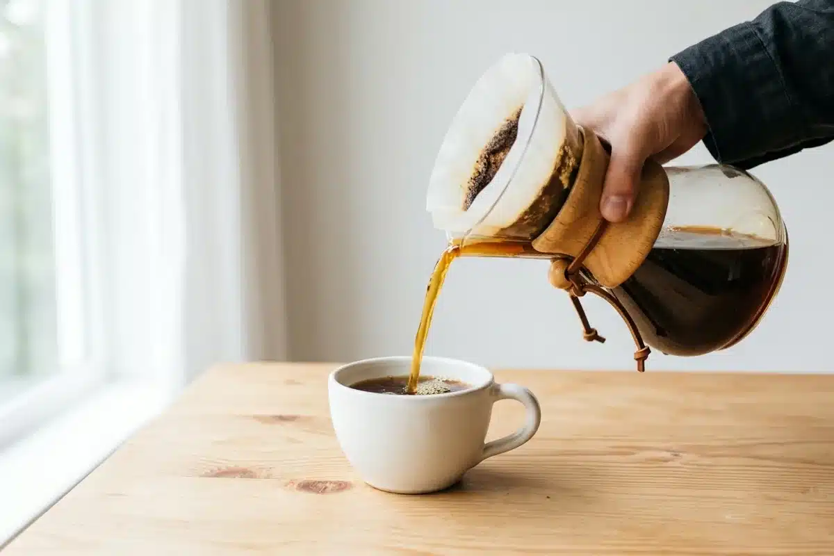 café de spécialité versé dans une tasse blanche via une Chemex, fond épuré