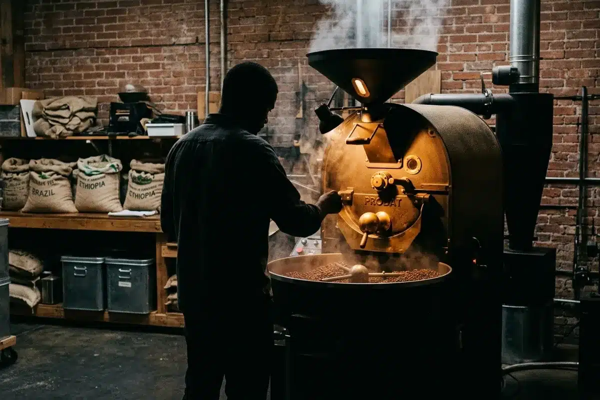 torréfacteur artisanal surveillant un tambour de torréfaction pour café de spécialité