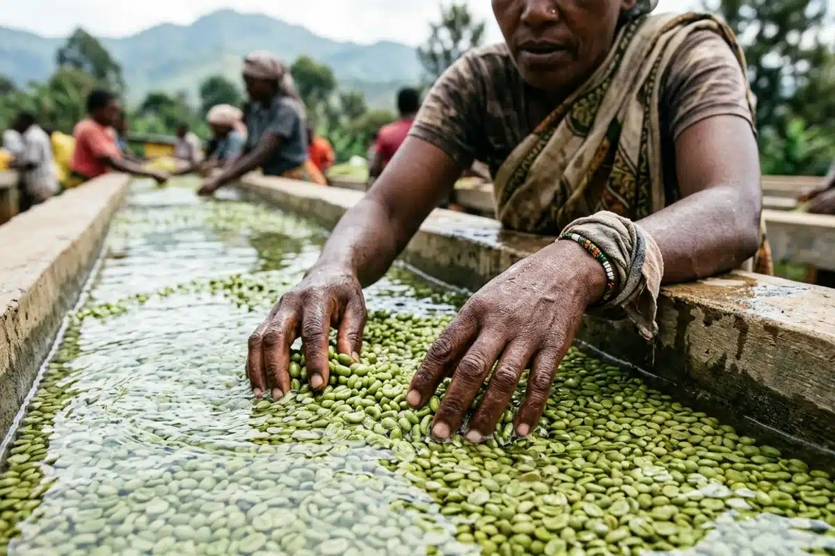 Station de traitement lavé du café en Éthiopie Producteur éthiopien triant des grains de café après traitement par voie lavée