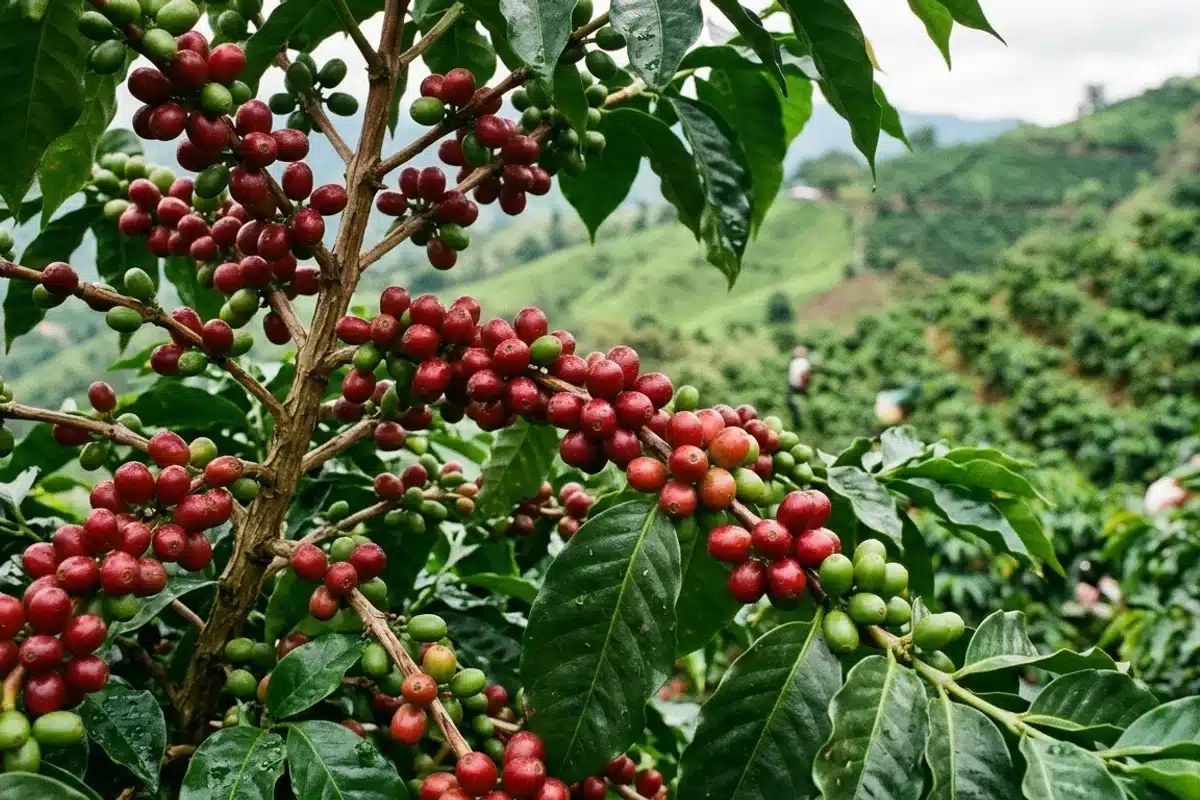 Variétés arabica cultivées en Colombie Branches de caféier arabica chargées de cerises de café rouges et vertes en Colombie