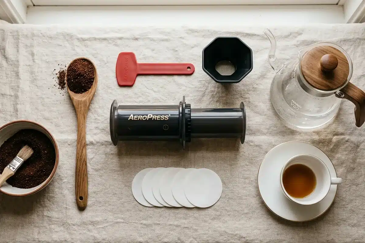 Matériel nécessaire pour préparer un café Aeropress Vue de dessus du matériel Aeropress : cafetière, filtres papier, café moulu, bouilloire en verre
