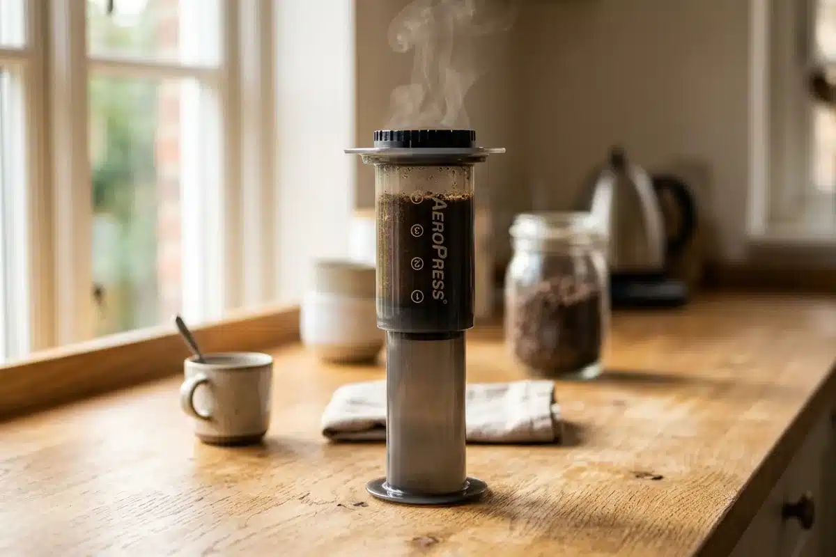 Aeropress en position inversée, chambre vers le haut Aeropress retourné en position de méthode inversée, vapeur légère, comptoir bois clair