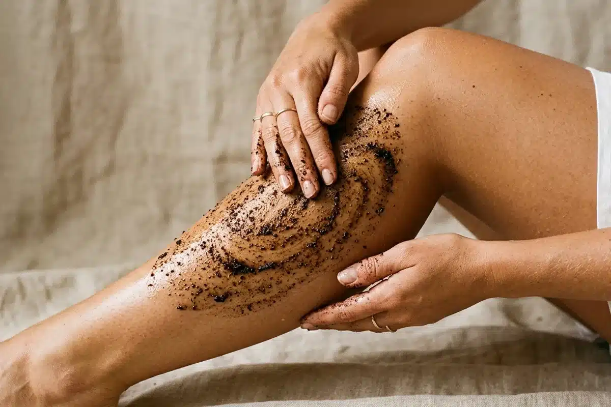 Application gommage au café anti-cellulite sur les jambes Mains appliquant un gommage au marc de café en massage circulaire sur la peau des jambes