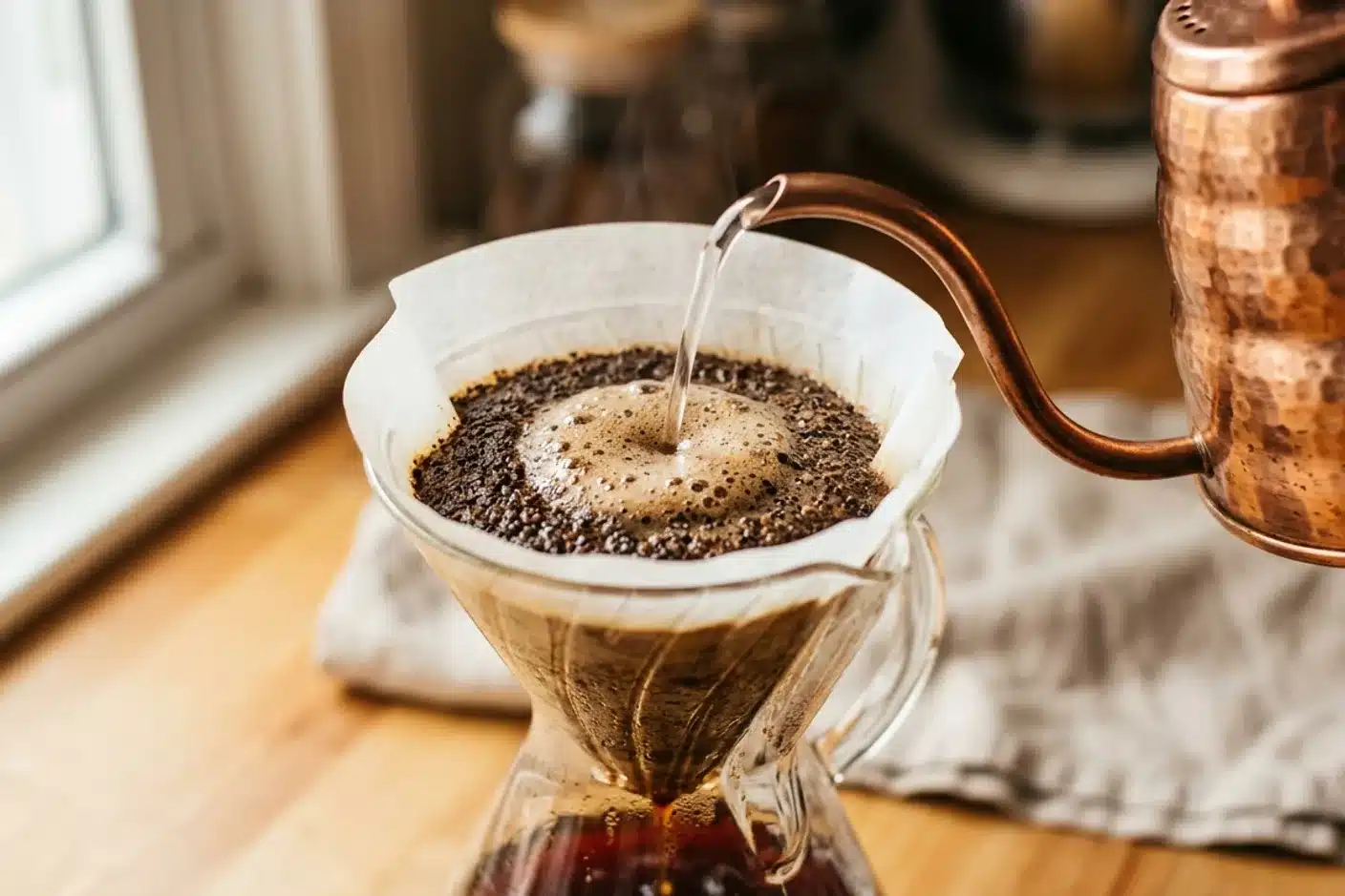 Bloom dans la Chemex, phase de pré-infusion Gros plan sur le bloom dans une Chemex : versement circulaire d'eau chaude sur café moulu, bulles de CO2 visibles