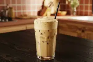 Verre de café frappé maison avec mousse dorée et glaçons sur table en bois