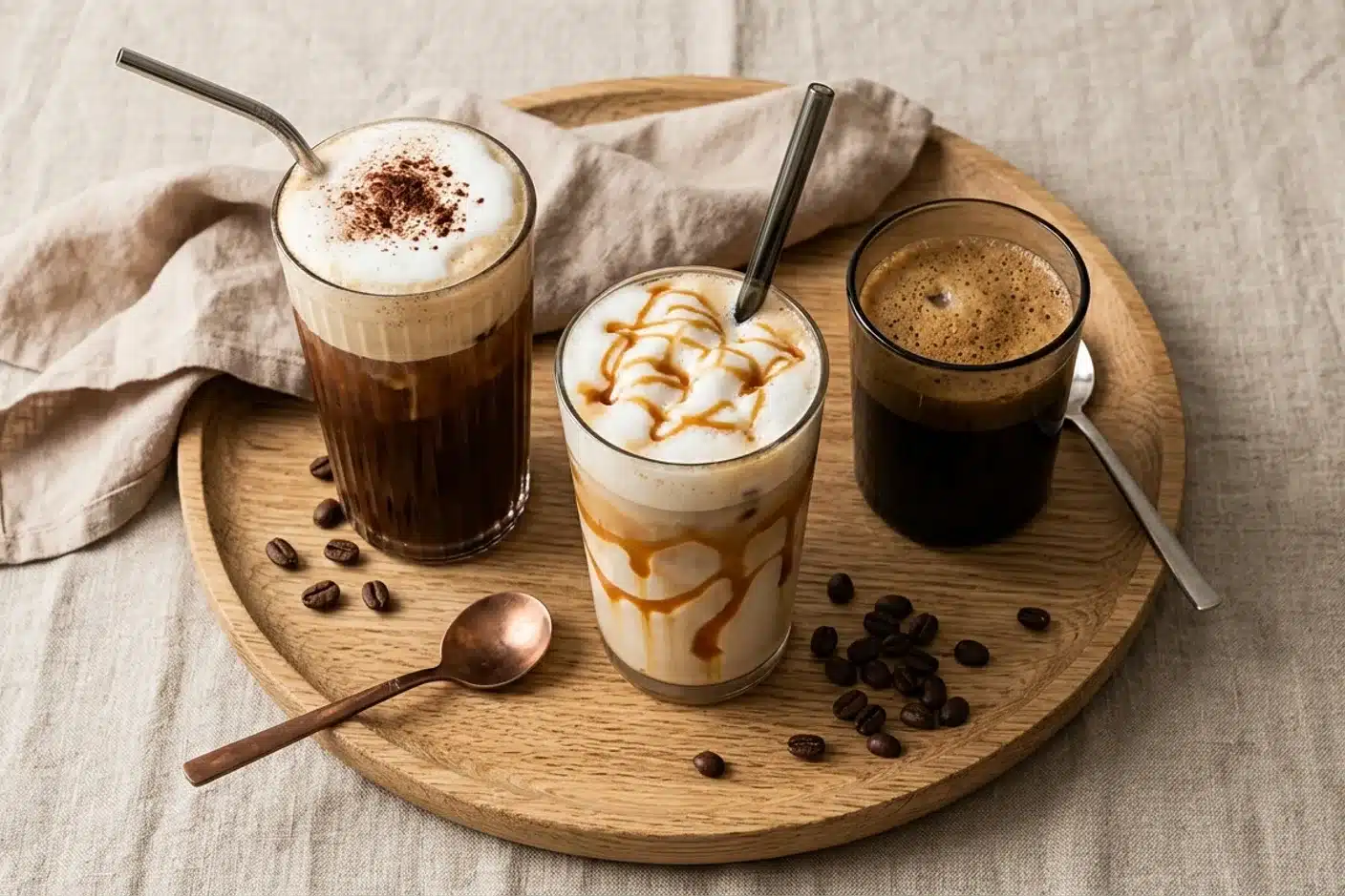 Trois variantes de café frappé en plateau Vue de dessus de trois variantes de café frappé grec, latte et shakerato sur plateau