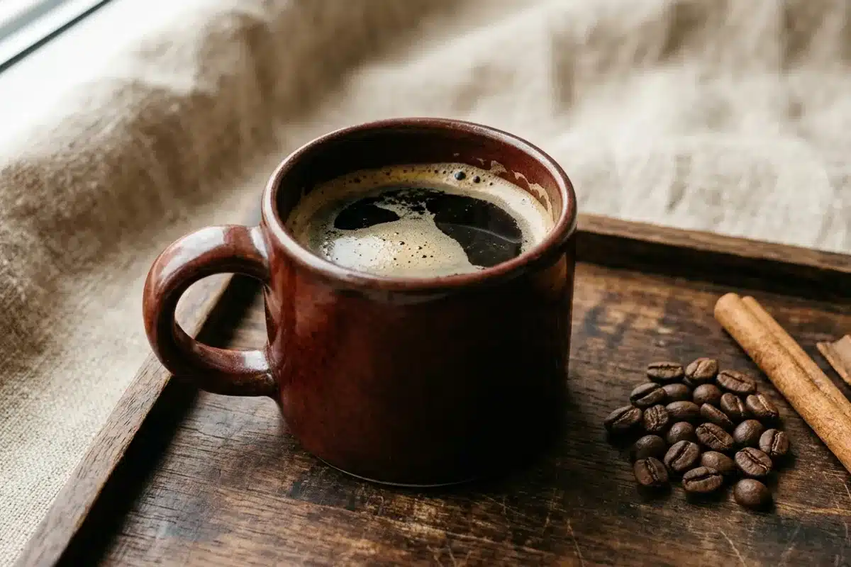 Tasse de café guatémaltèque sur plateau de bois Tasse de café en céramique brun-rouge sur plateau de bois sombre avec grains torréfiés et cannelle