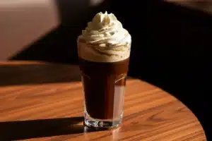 Verre haut de café viennois surmonté d'une crème fouettée épaisse, sur table en bois de café, lumière naturelle
