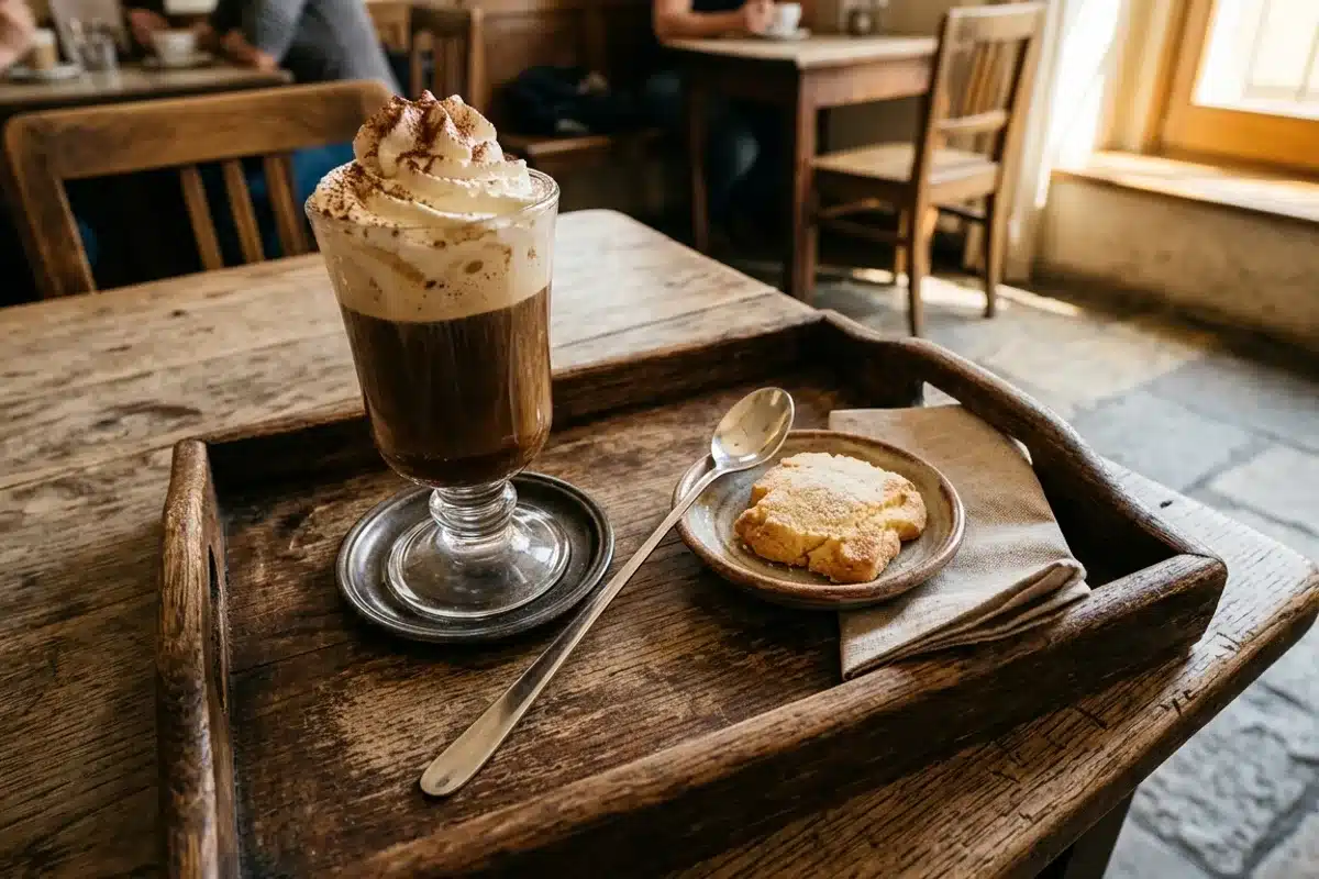 Café viennois servi avec biscuit sablé sur plateau bois Verre haut de café viennois avec crème fouettée sur plateau en bois rustique, accompagné d'un sablé, lumière dorée de Kaffehaus